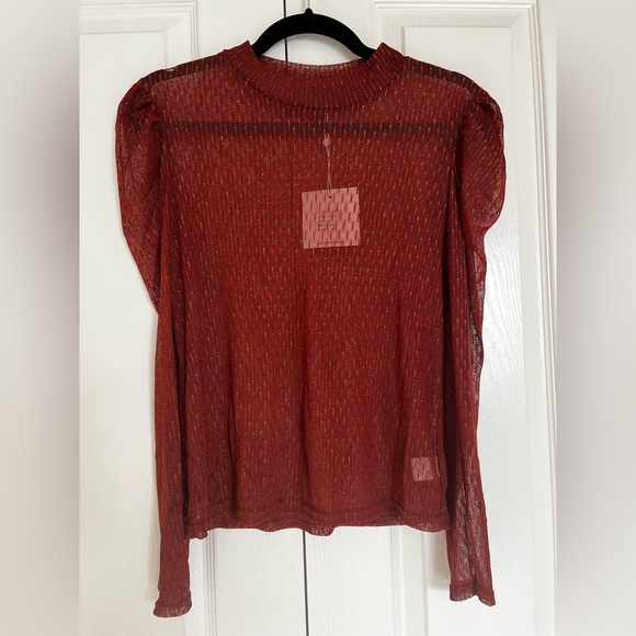 Confetti Fete Rust Orange Sheer Long Sleeve Mock Neck Too - Picture 4 of 6